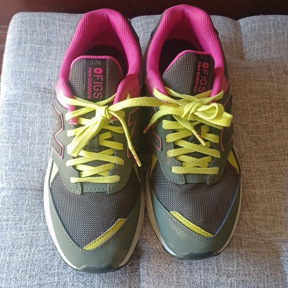 New Balance 574 *FIGS Womens 9.5/ Mens 8  Olive green/Pink,/neon yellow